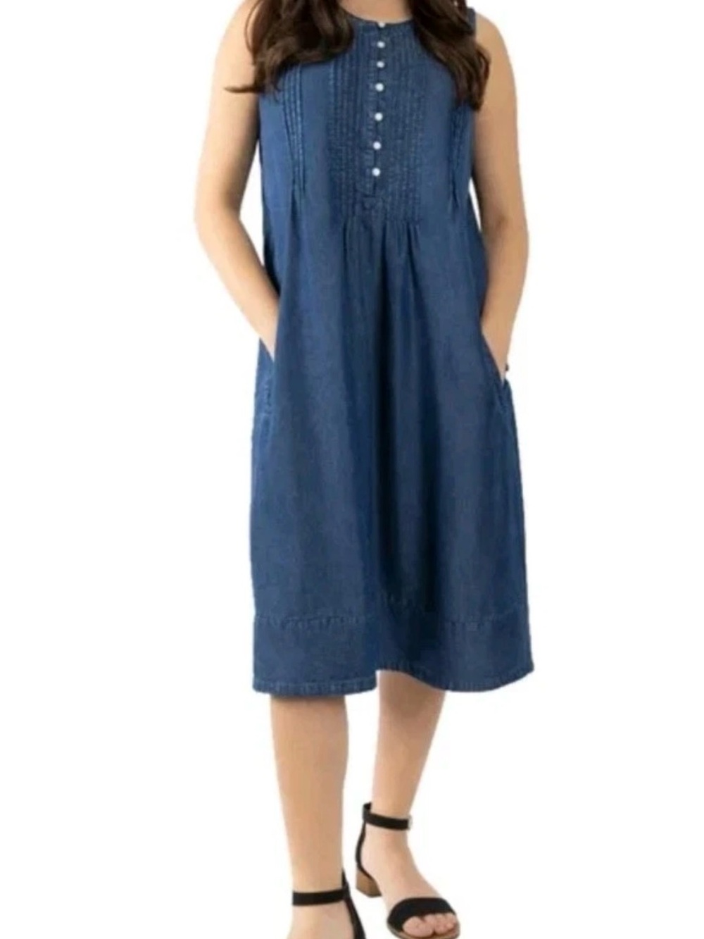 Sleeveless Blue Denim Midi Dress with Button Placket
